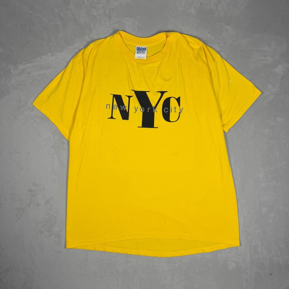 90s Mens Gildan NYC New York City Graphic Streetwear T-Shirt Yellow XL